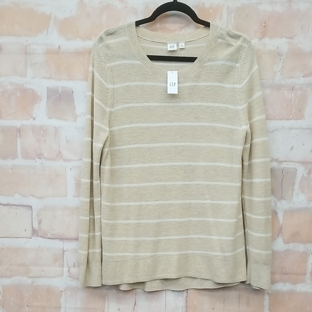 GAP Women's Tan White Striped Long Sleeve Sweater